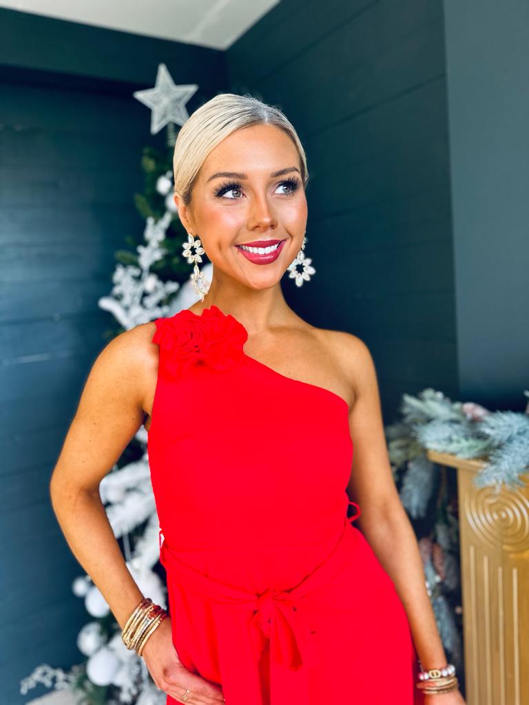 Whitney One Shoulder Corsage Midi Dress Red