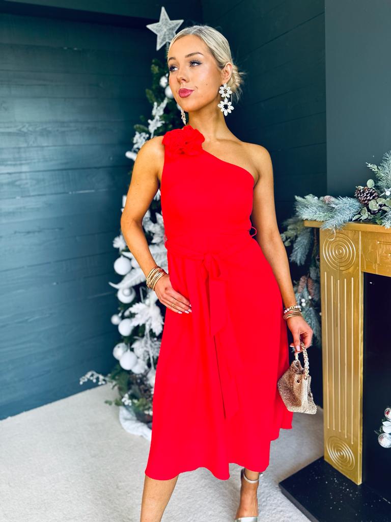 Whitney One Shoulder Corsage Midi Dress Red