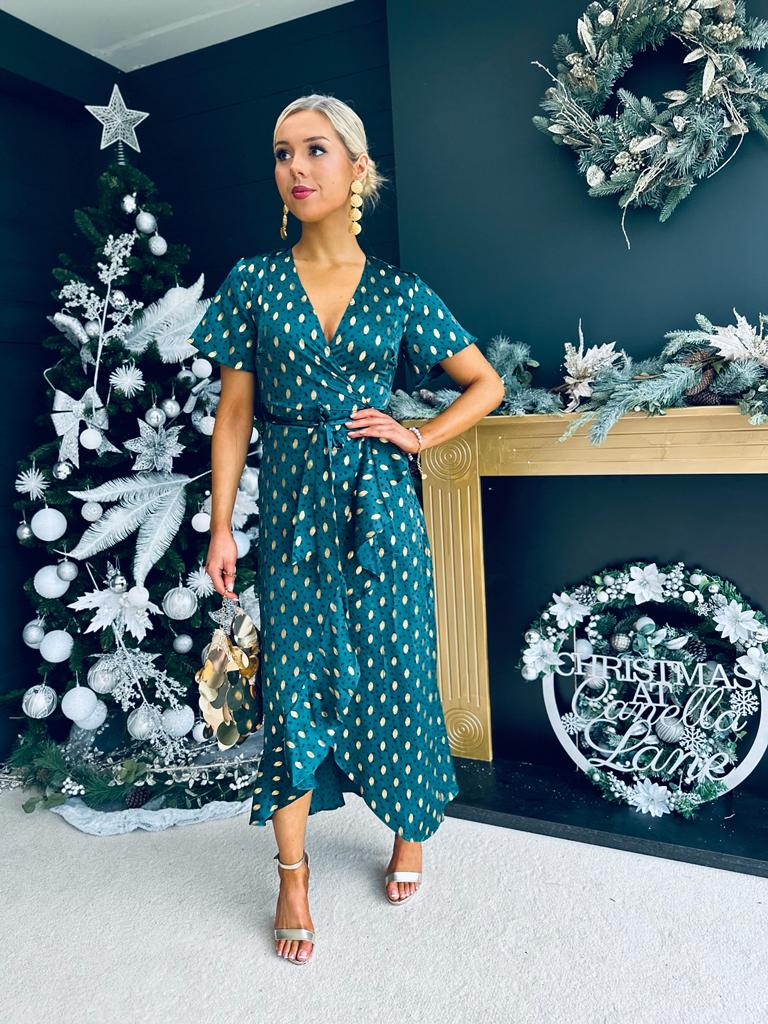 Farren Split Hem Frill Detail Maxi Dress Emerald Foil
