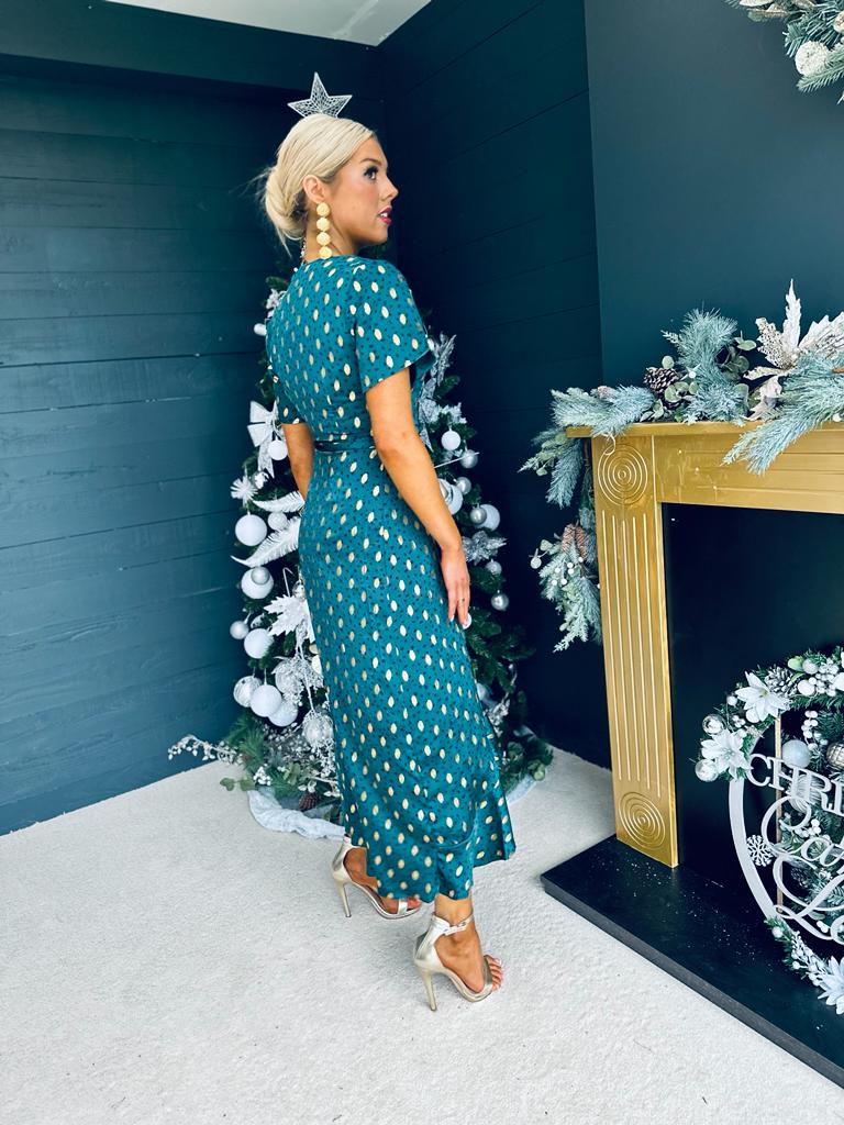 Farren Split Hem Frill Detail Maxi Dress Emerald Foil