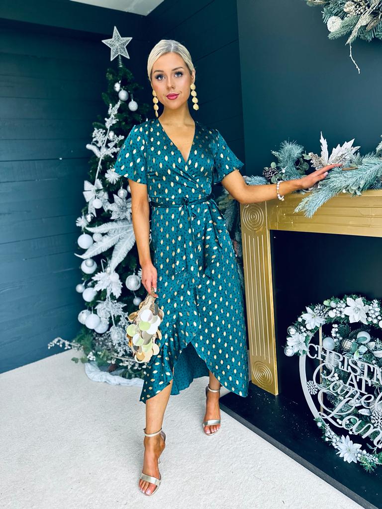 Farren Split Hem Frill Detail Maxi Dress Emerald Foil