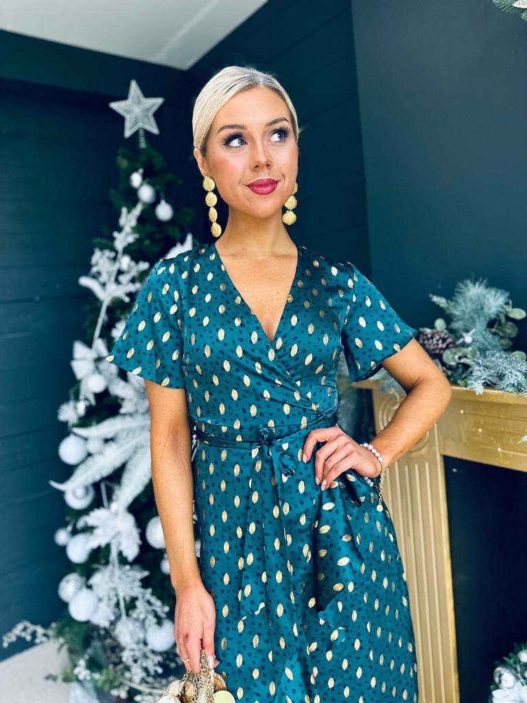 Farren Split Hem Frill Detail Maxi Dress Emerald Foil