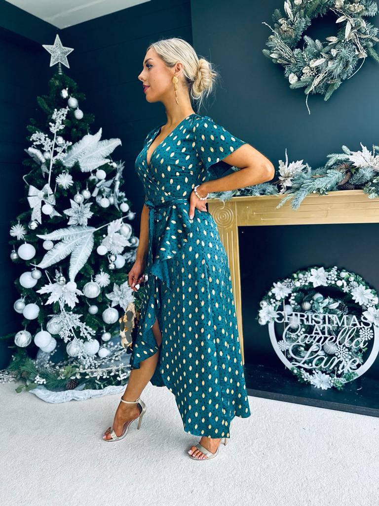 Farren Split Hem Frill Detail Maxi Dress Emerald Foil