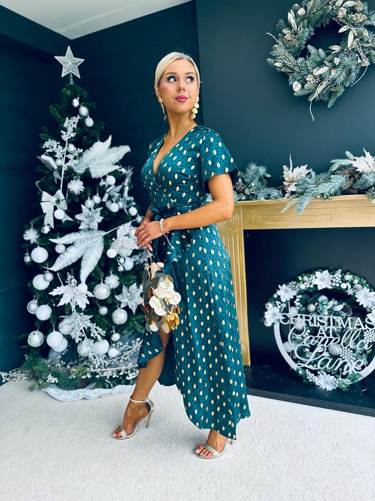 Farren Split Hem Frill Detail Maxi Dress Emerald Foil