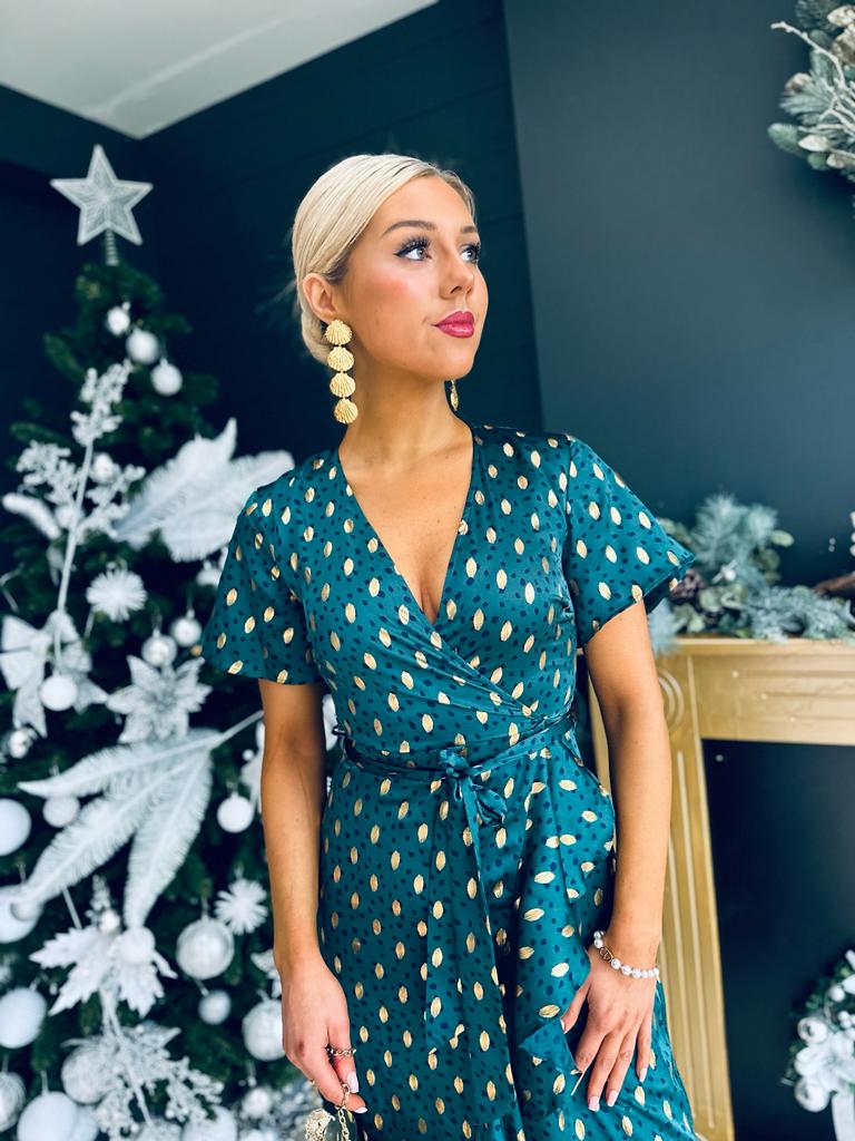 Farren Split Hem Frill Detail Maxi Dress Emerald Foil