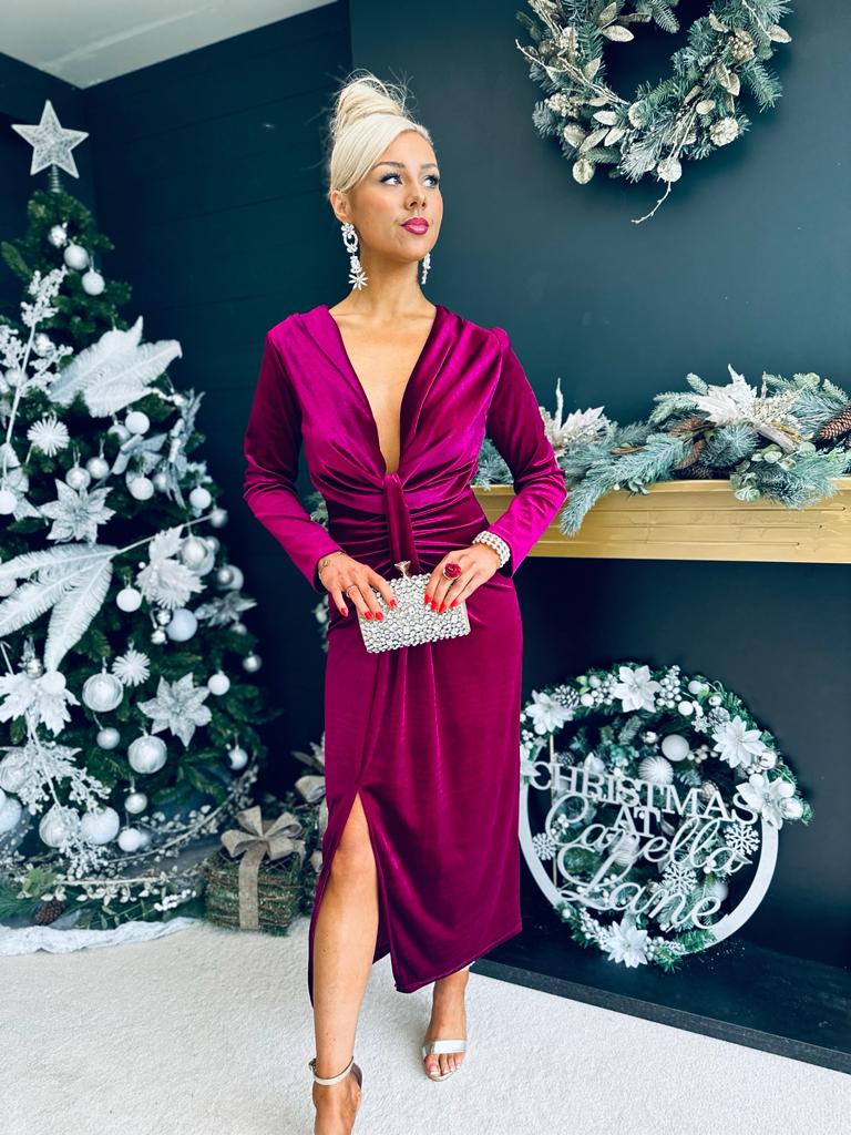Rily Velvet Drape Detail Dress Orchid