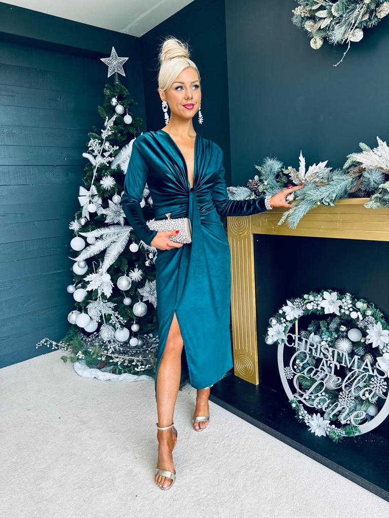 Rily Velvet Drape Detail Dress Forest