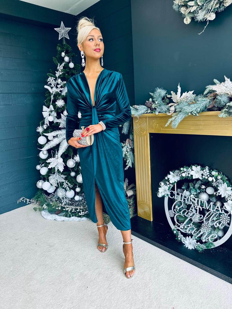 Rily Velvet Drape Detail Dress Forest