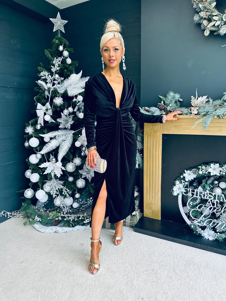 Rily Velvet Drape Detail Dress Black