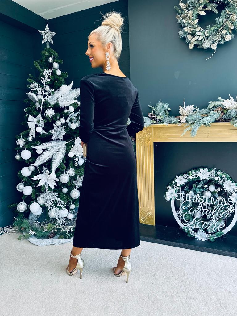 Rily Velvet Drape Detail Dress Black