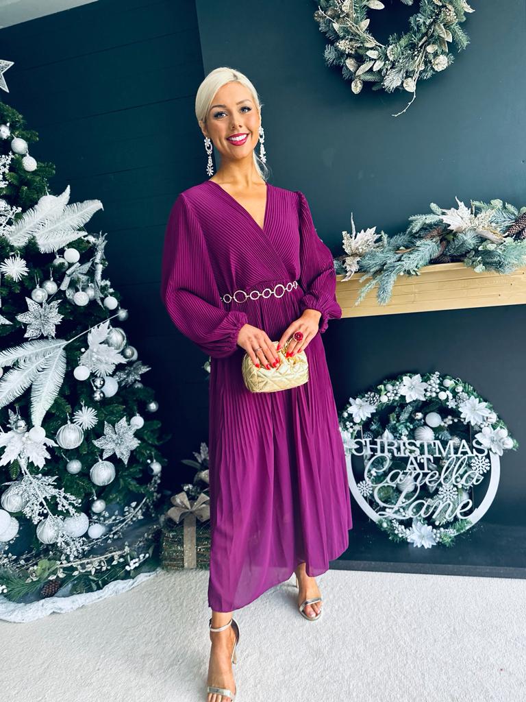 Dana Pleated Midi Dress Berry