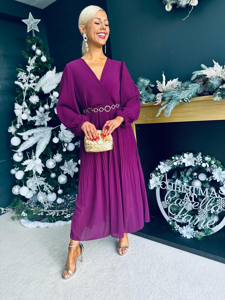 Dana Pleated Midi Dress Berry