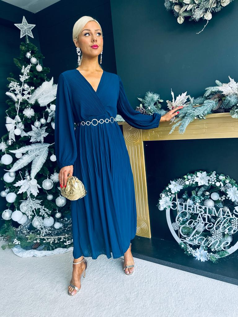 Dana Pleated Midi Dress Navy