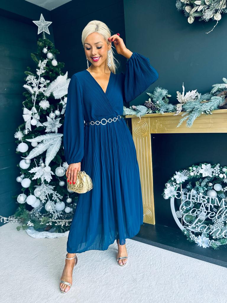 Dana Pleated Midi Dress Navy