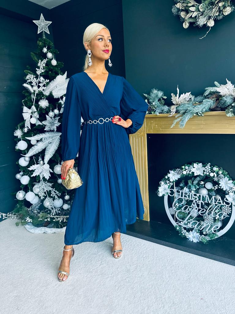 Dana Pleated Midi Dress Navy