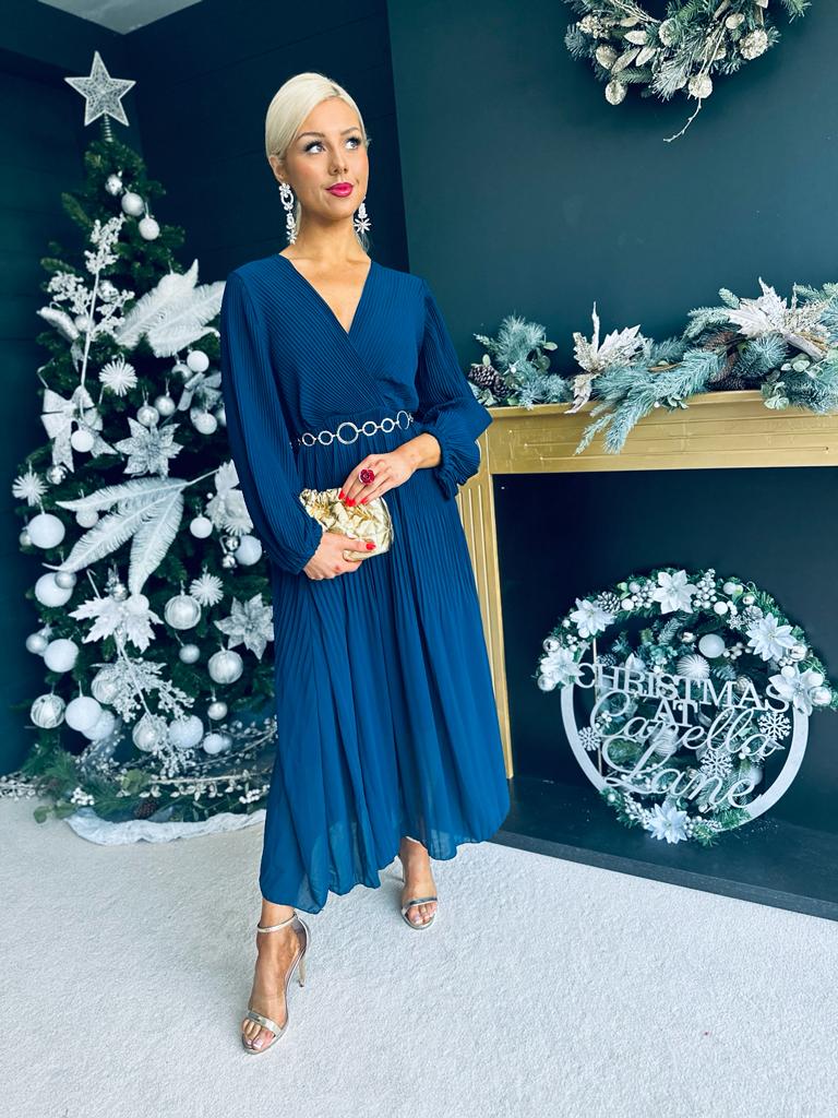 Dana Pleated Midi Dress Navy