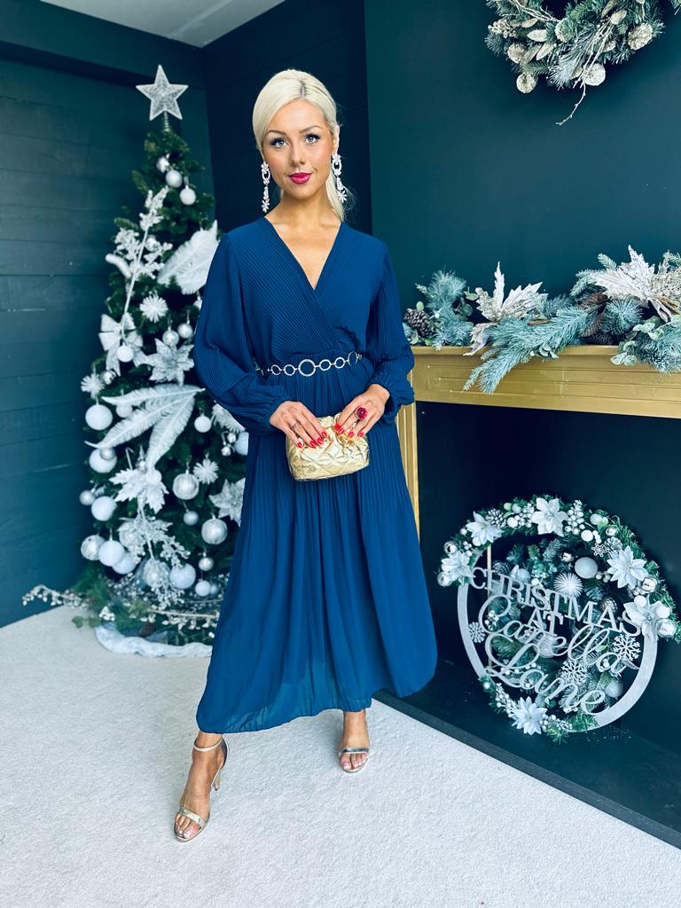 Dana Pleated Midi Dress Navy
