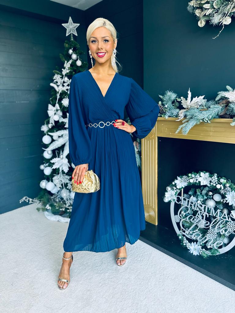Dana Pleated Midi Dress Navy