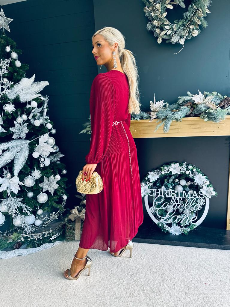 Dana Pleated Midi Dress Bordeaux