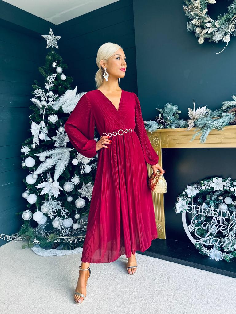 Dana Pleated Midi Dress Bordeaux