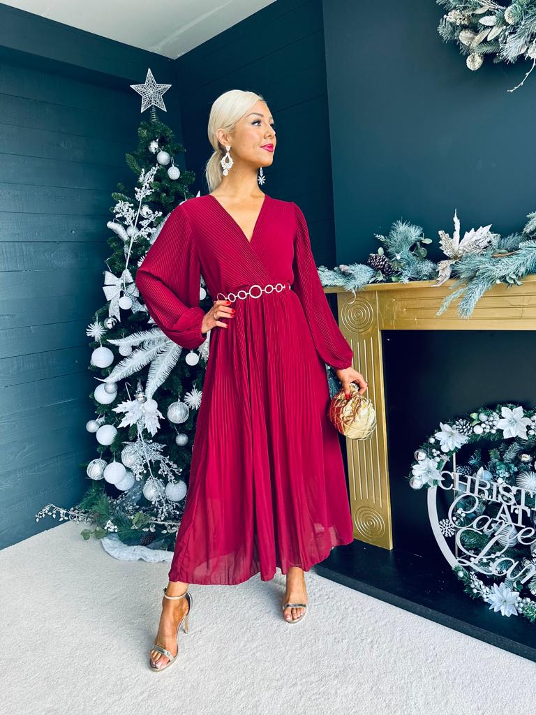 Dana Pleated Midi Dress Bordeaux