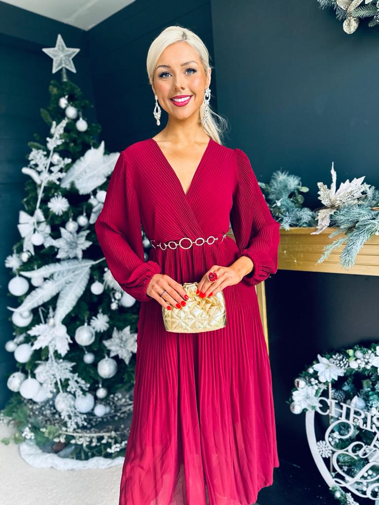 Dana Pleated Midi Dress Bordeaux
