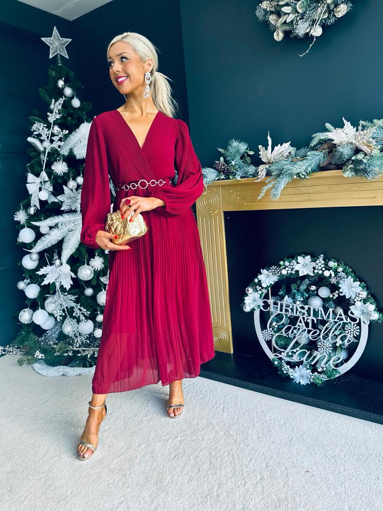Dana Pleated Midi Dress Bordeaux