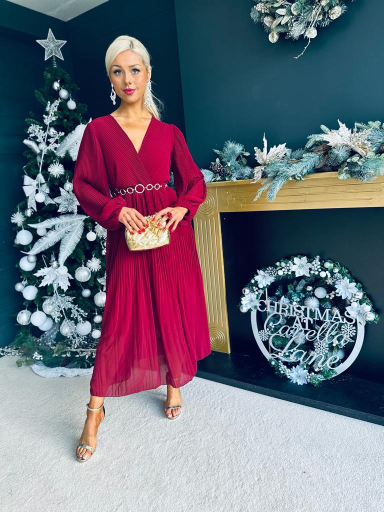 Dana Pleated Midi Dress Bordeaux