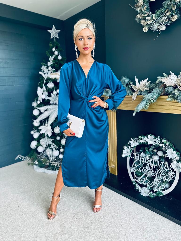 Cameron Knot & Feather Detail Dress Teal