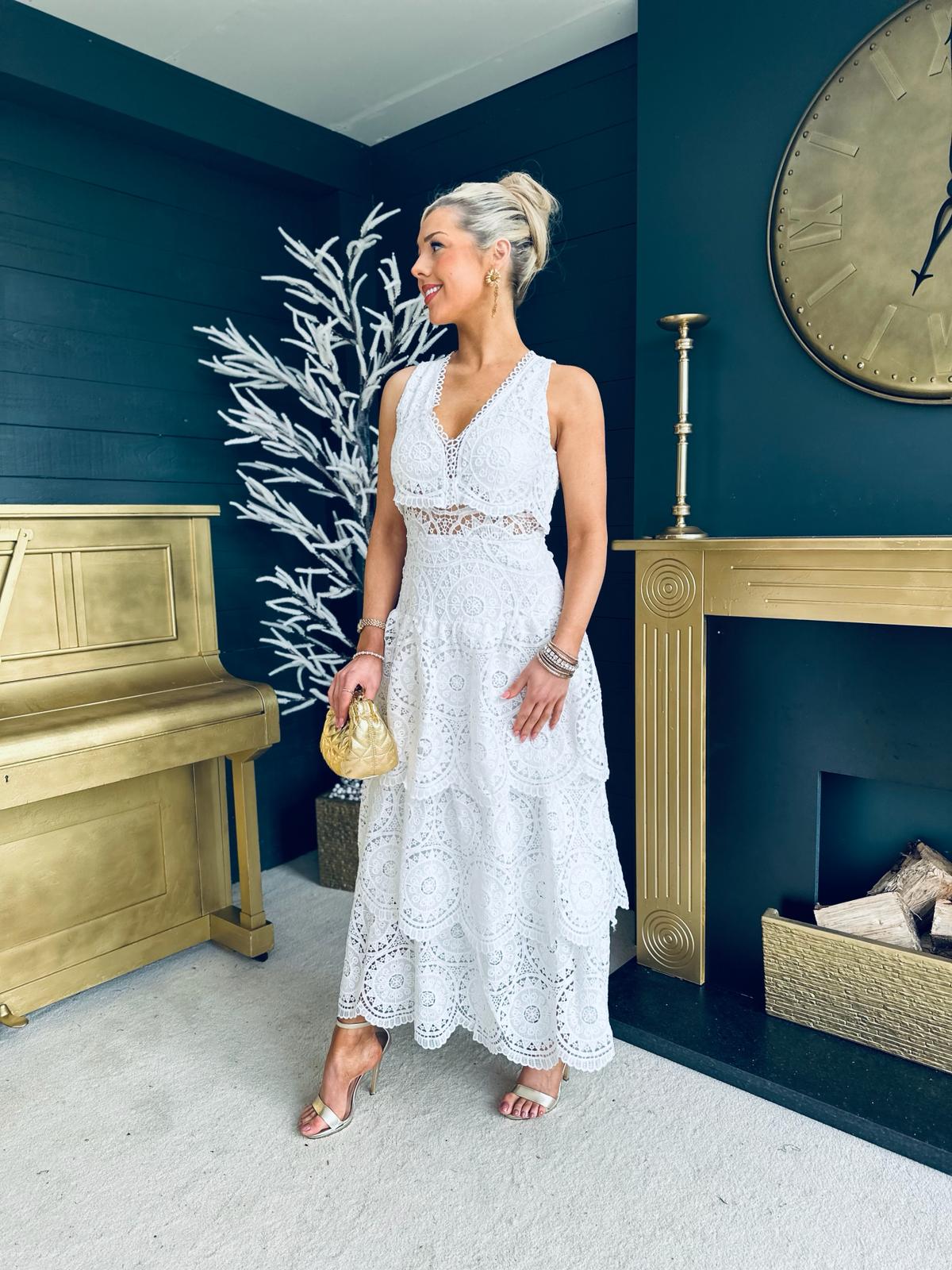 Anna Crochet Detailed Maxi Dress White