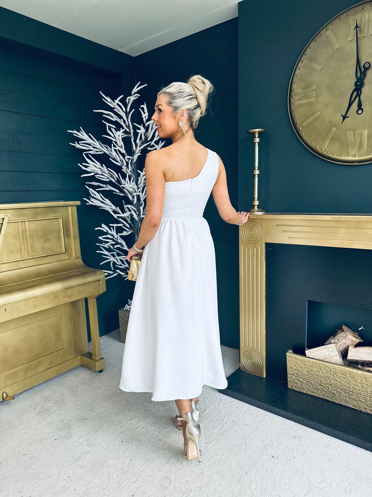 Tara One Shoulder Occasion Dress White