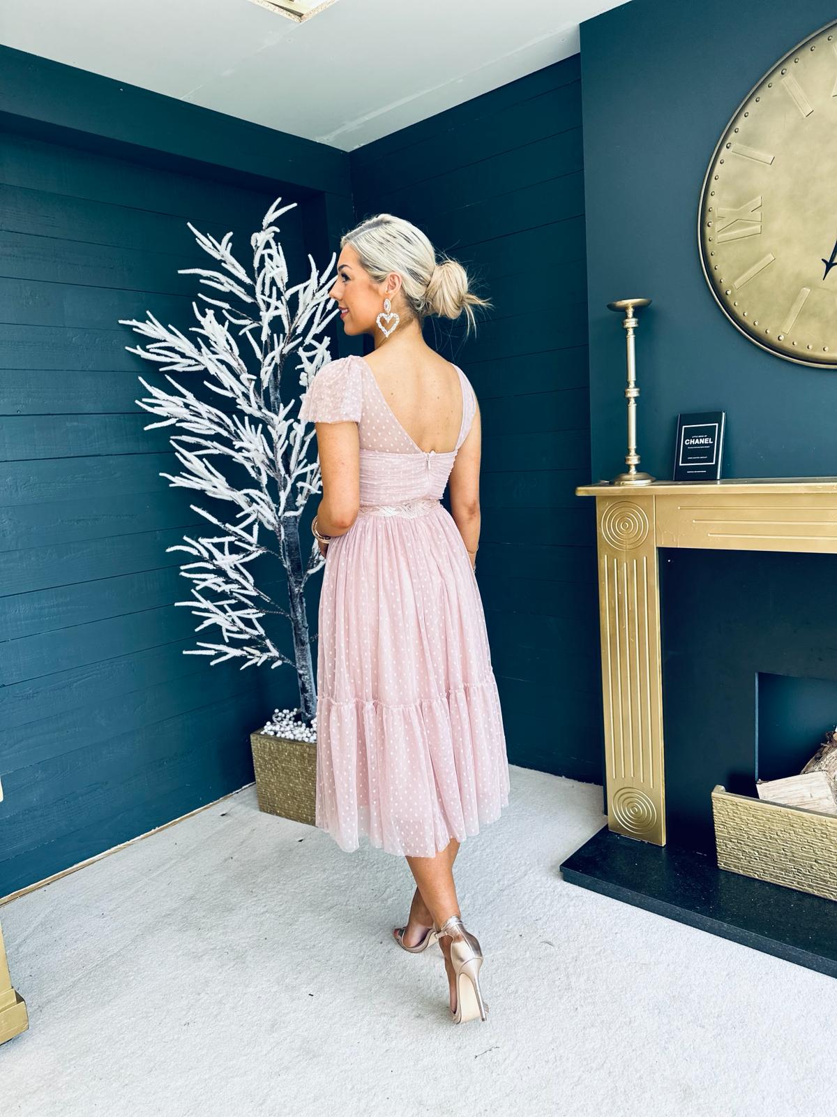 Oran Tulle Detail Midi Dress Blush