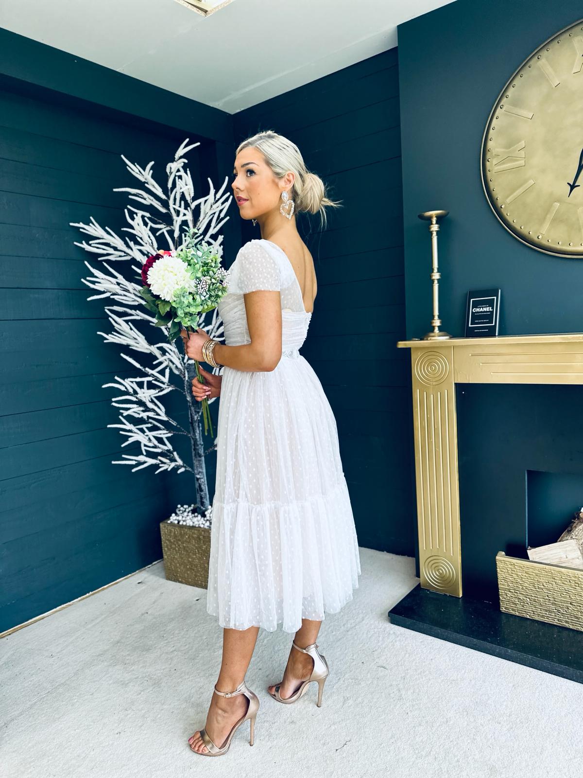 Oran Tulle Detail Midi Dress Off White