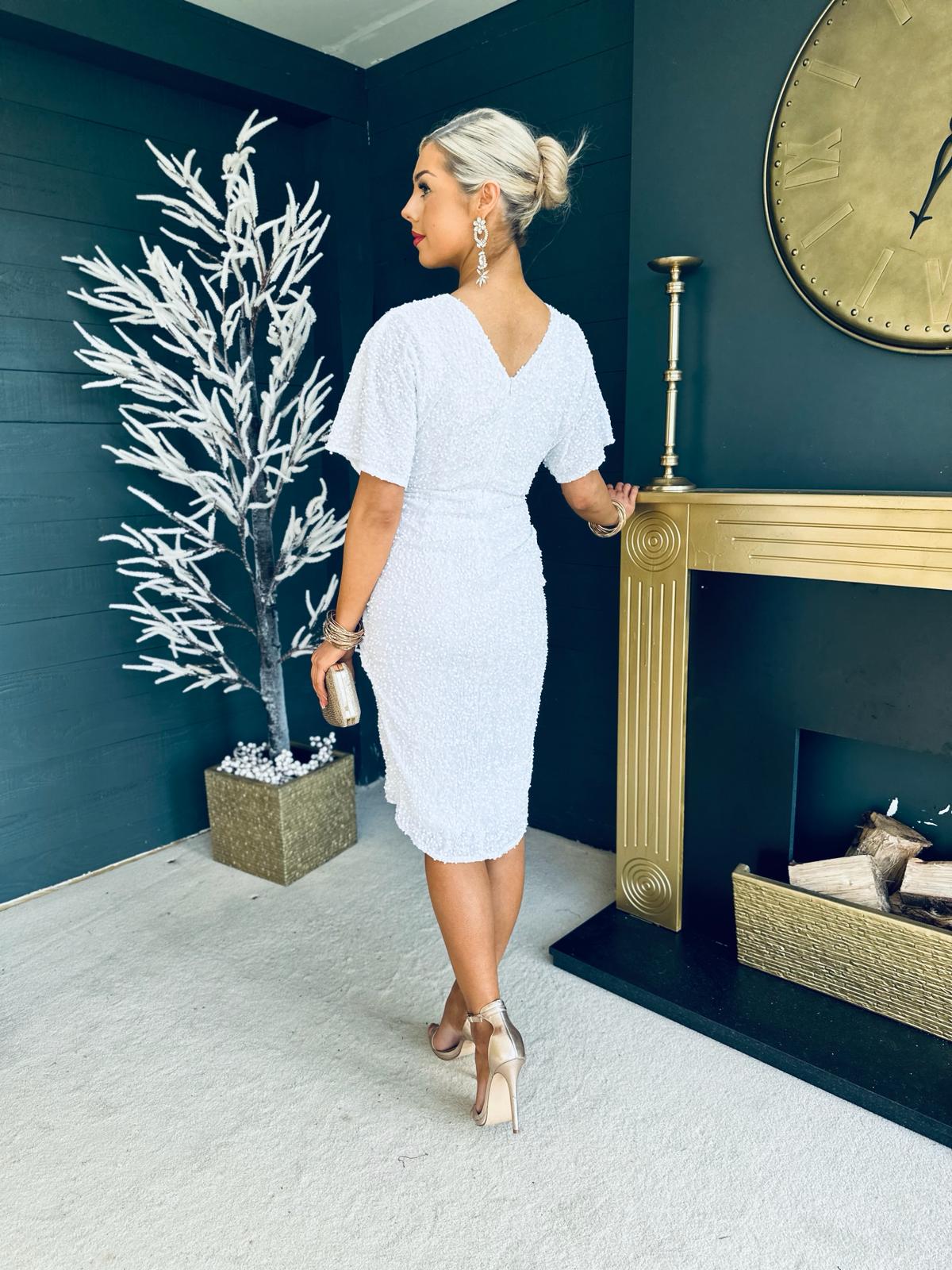 Novah Sequin Midi Dress Off White