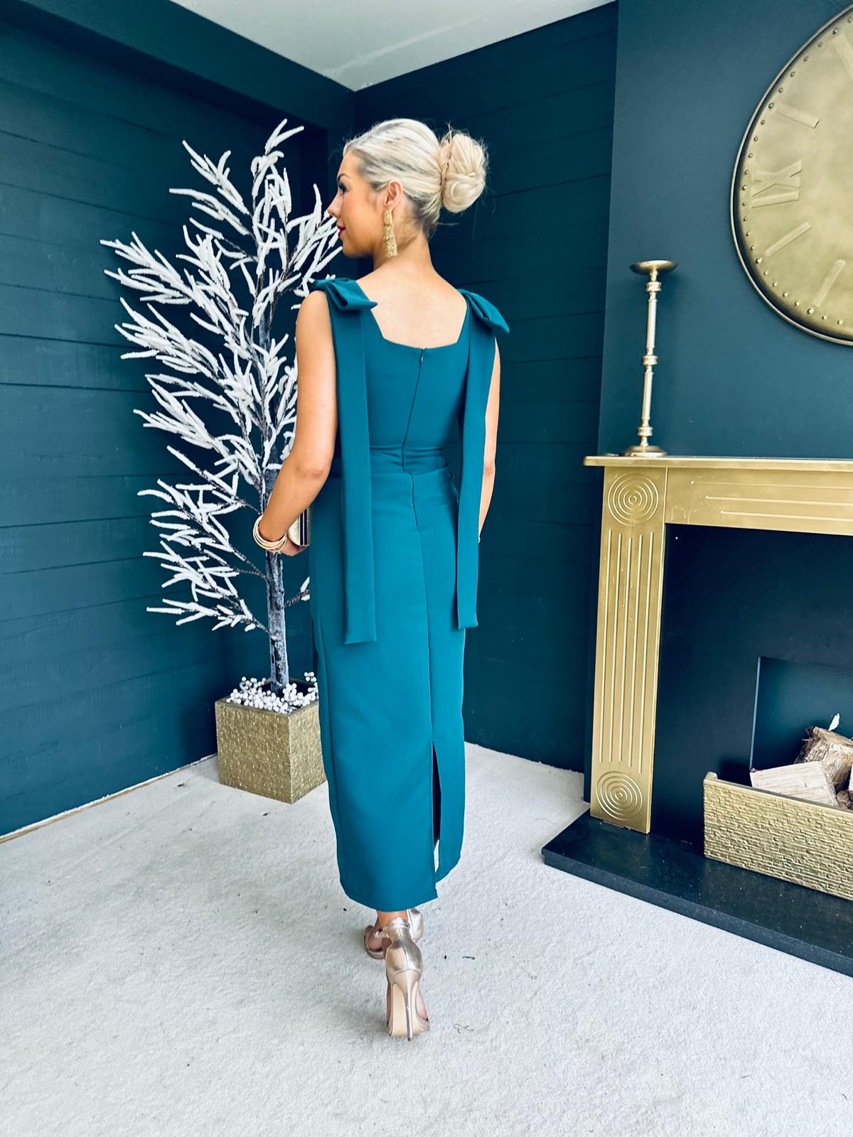 Grace Square Neck Bow Detail Midi Dress Forest