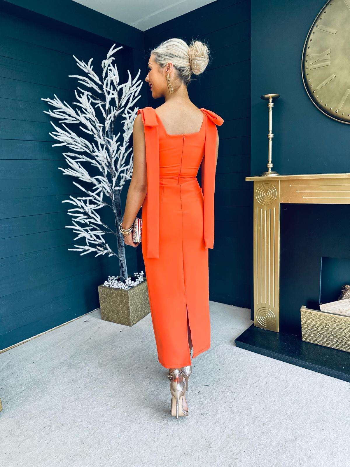 Grace Square Neck Bow Detail Midi Dress Electric Orange