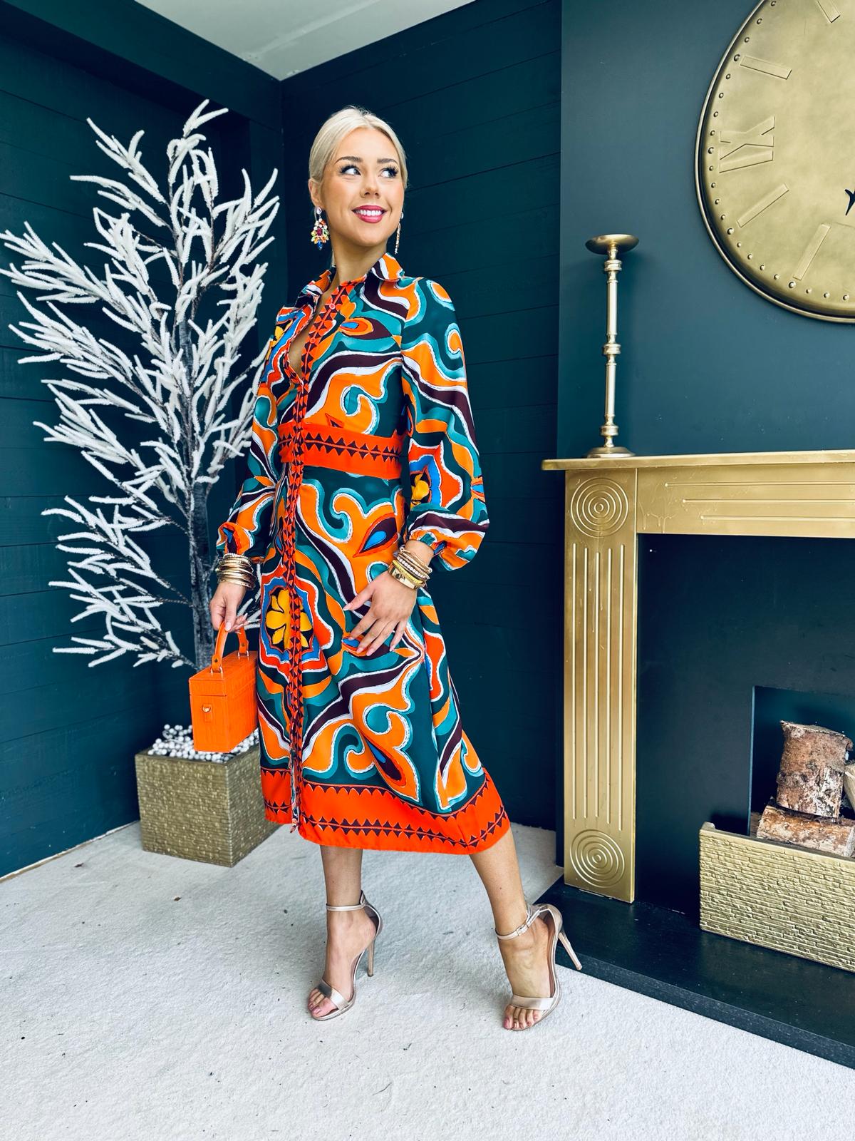 Alison Abstract Shirt Dress Orange Pre Order 24 May