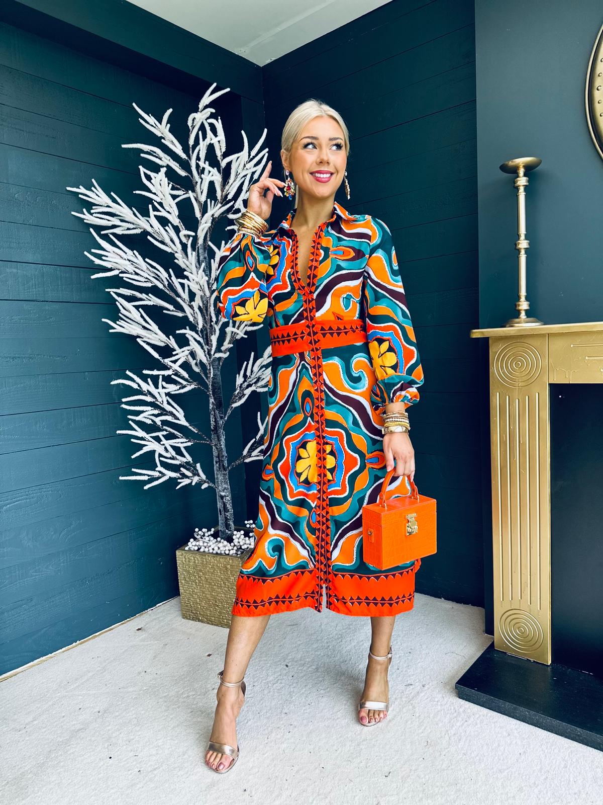 Alison Abstract Shirt Dress Orange Pre Order 24 May