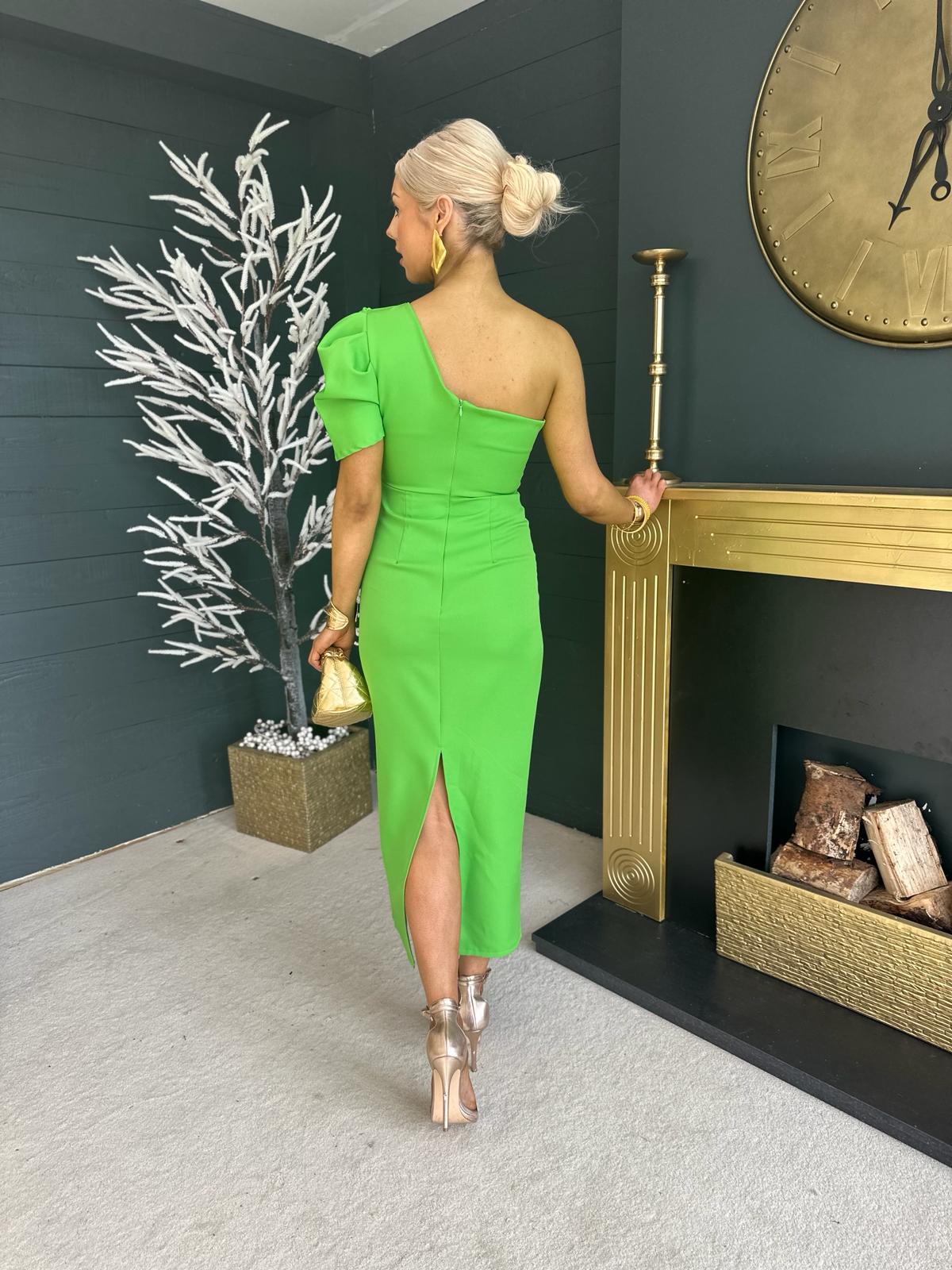 Rachel One Shoulder Occasion Midi Dress Apple