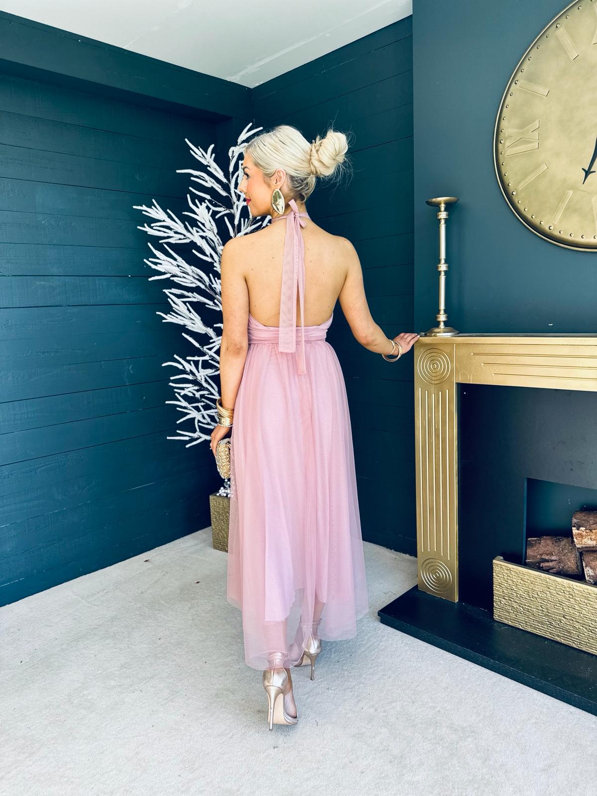 Porche Halterneck Tulle Midi Dress Blush