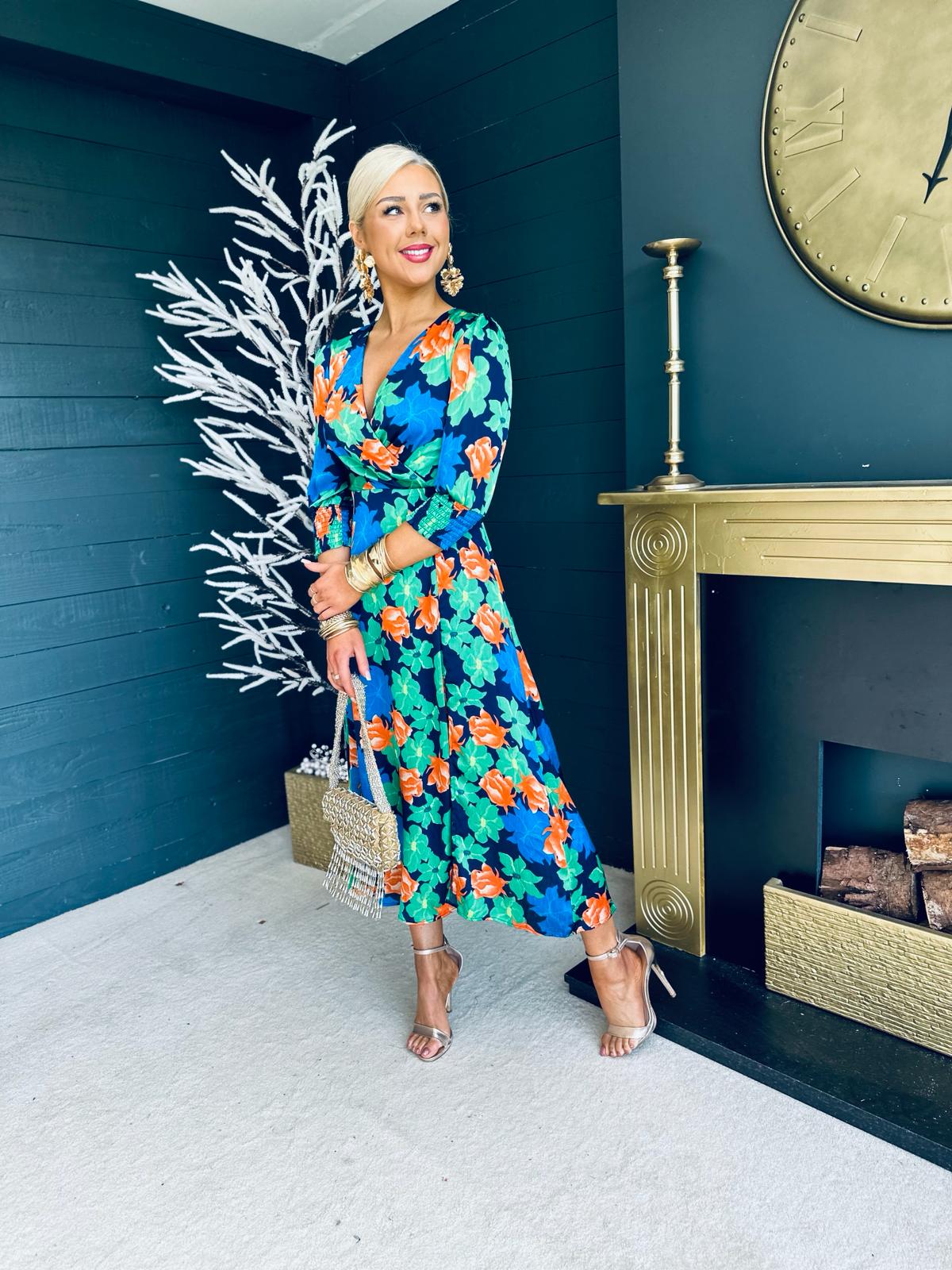 Daire Cuff Sleeve Midi Dress Floral Navy