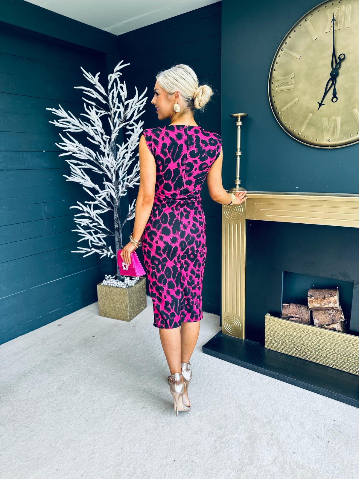 Paris Ruched Shoulder Pad Midi Dress Animal Pink