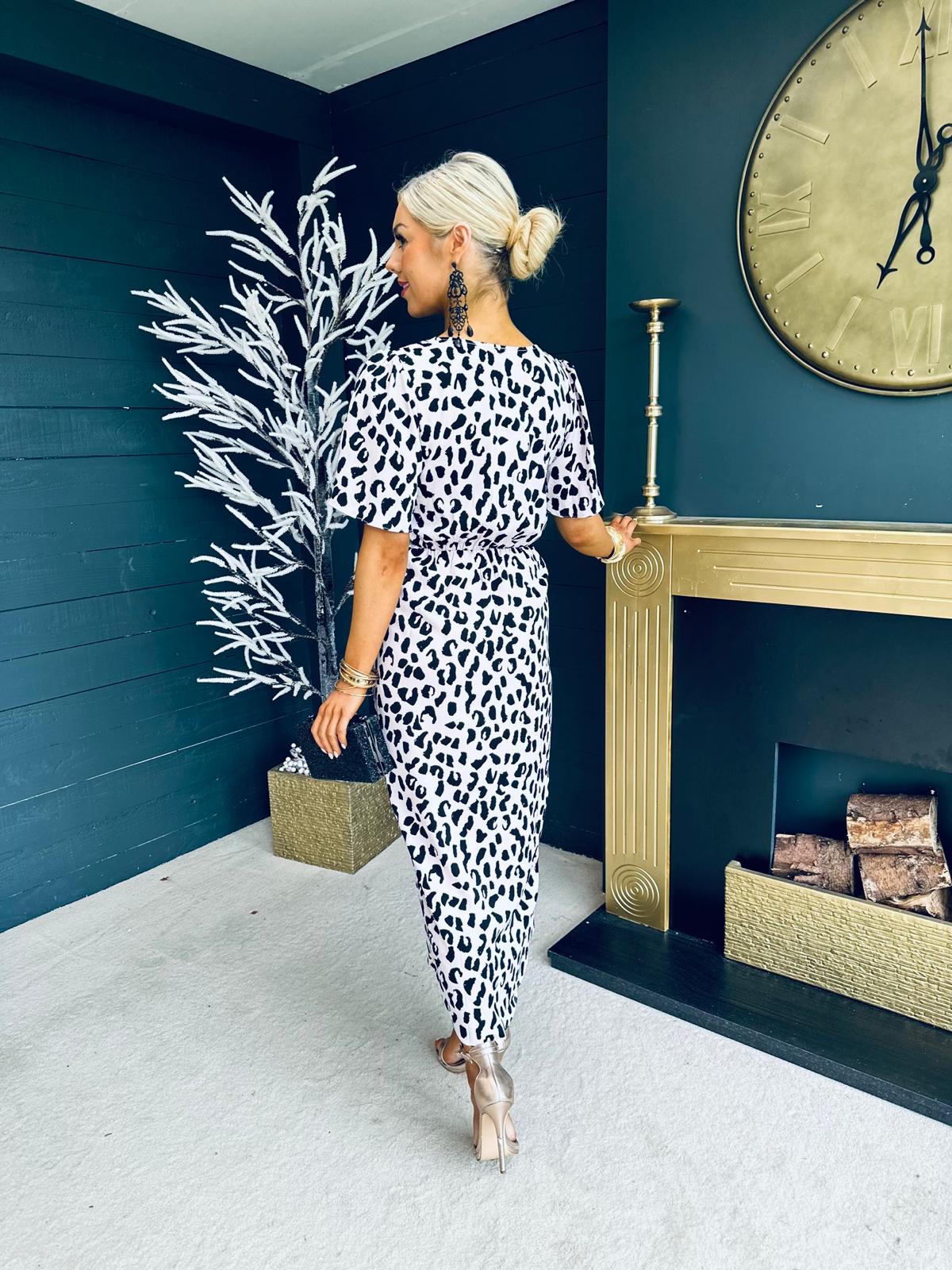 Bianca Leopard Print Midi Dress White