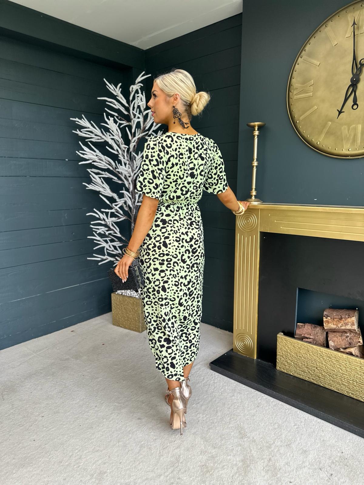 Bianca Leopard Print Midi Dress Lime
