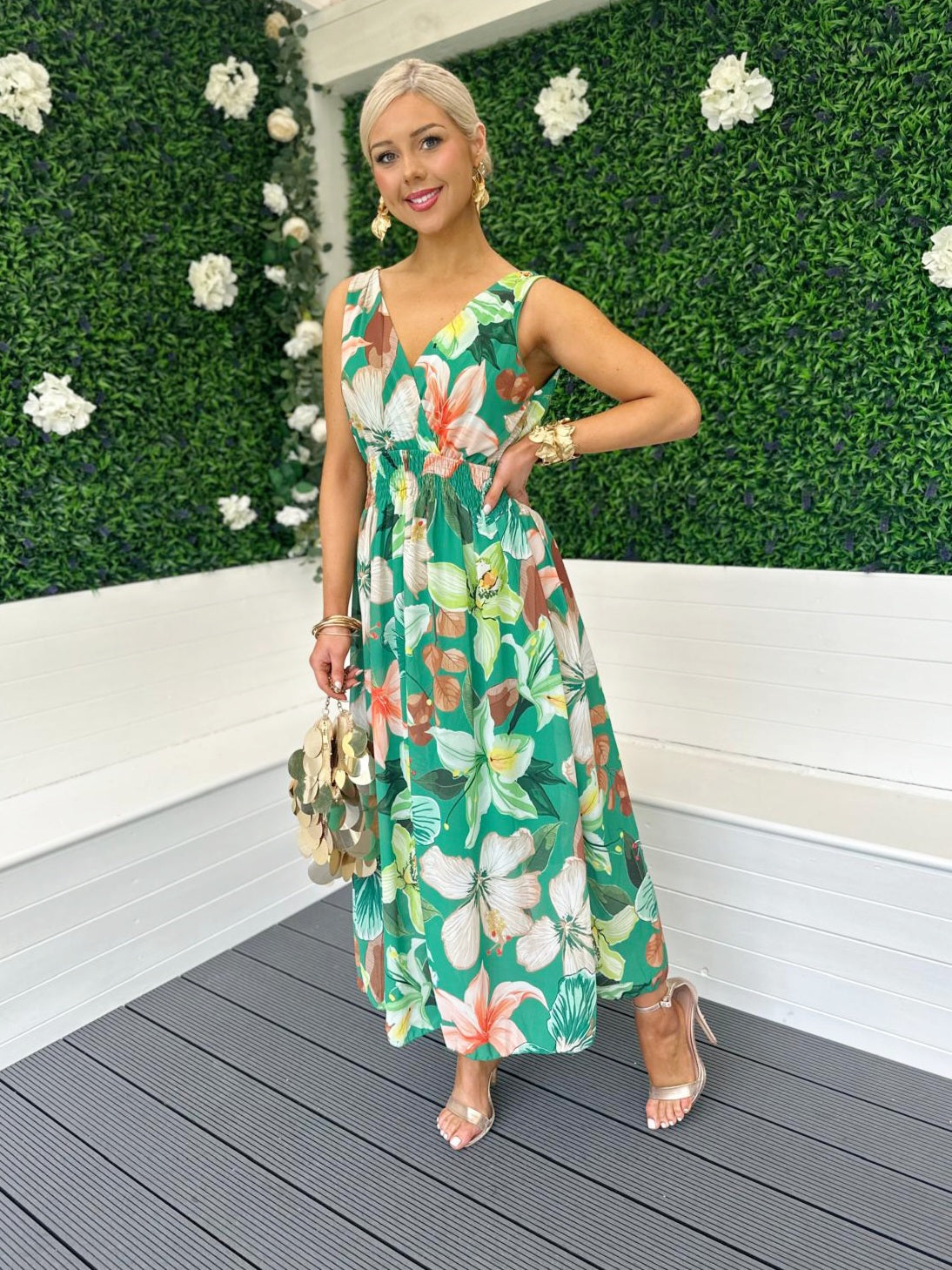 Tammy Banded Midi Dress Floral Green