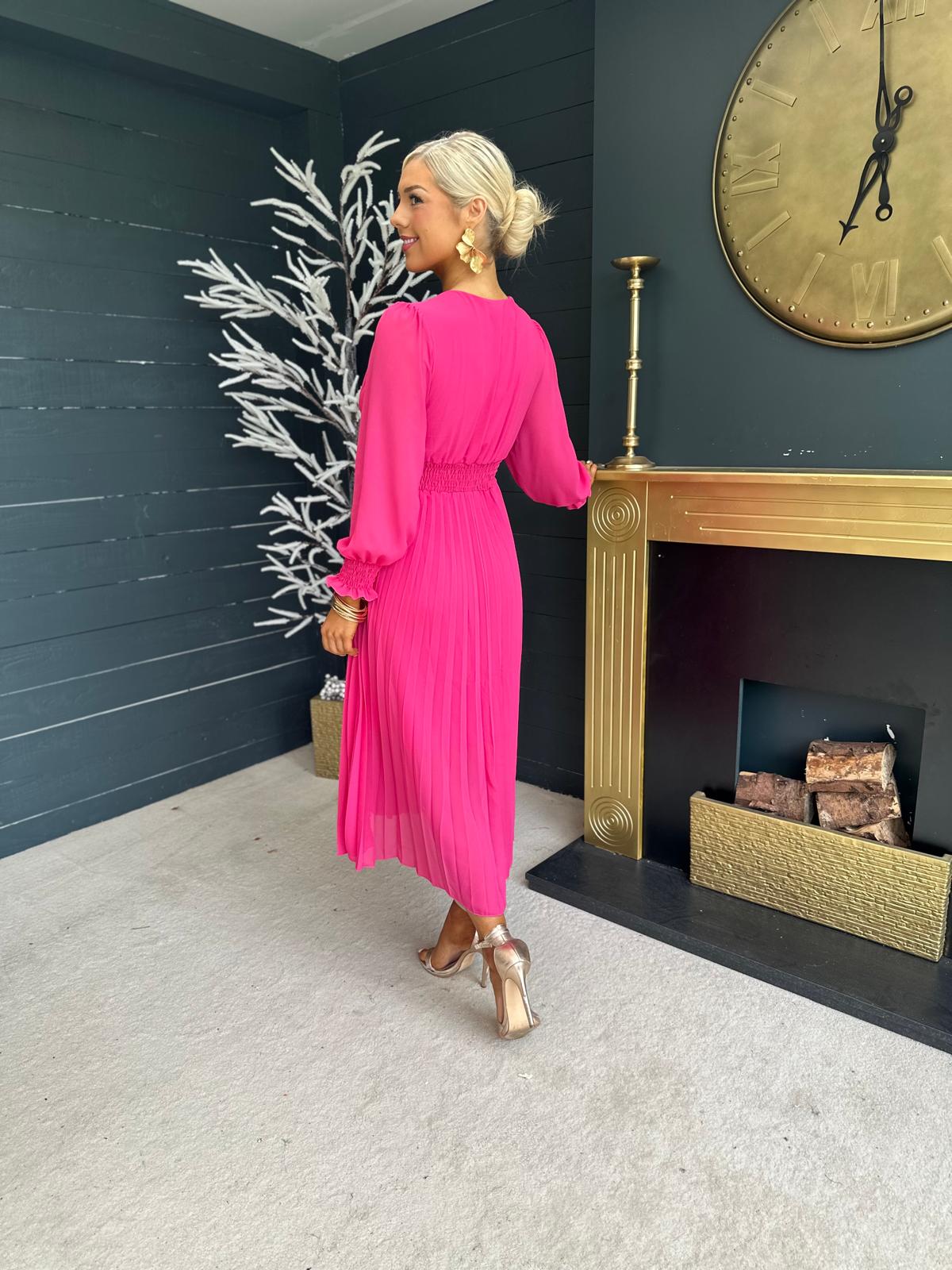 Elle Pleated Midi Dress Fuchsia