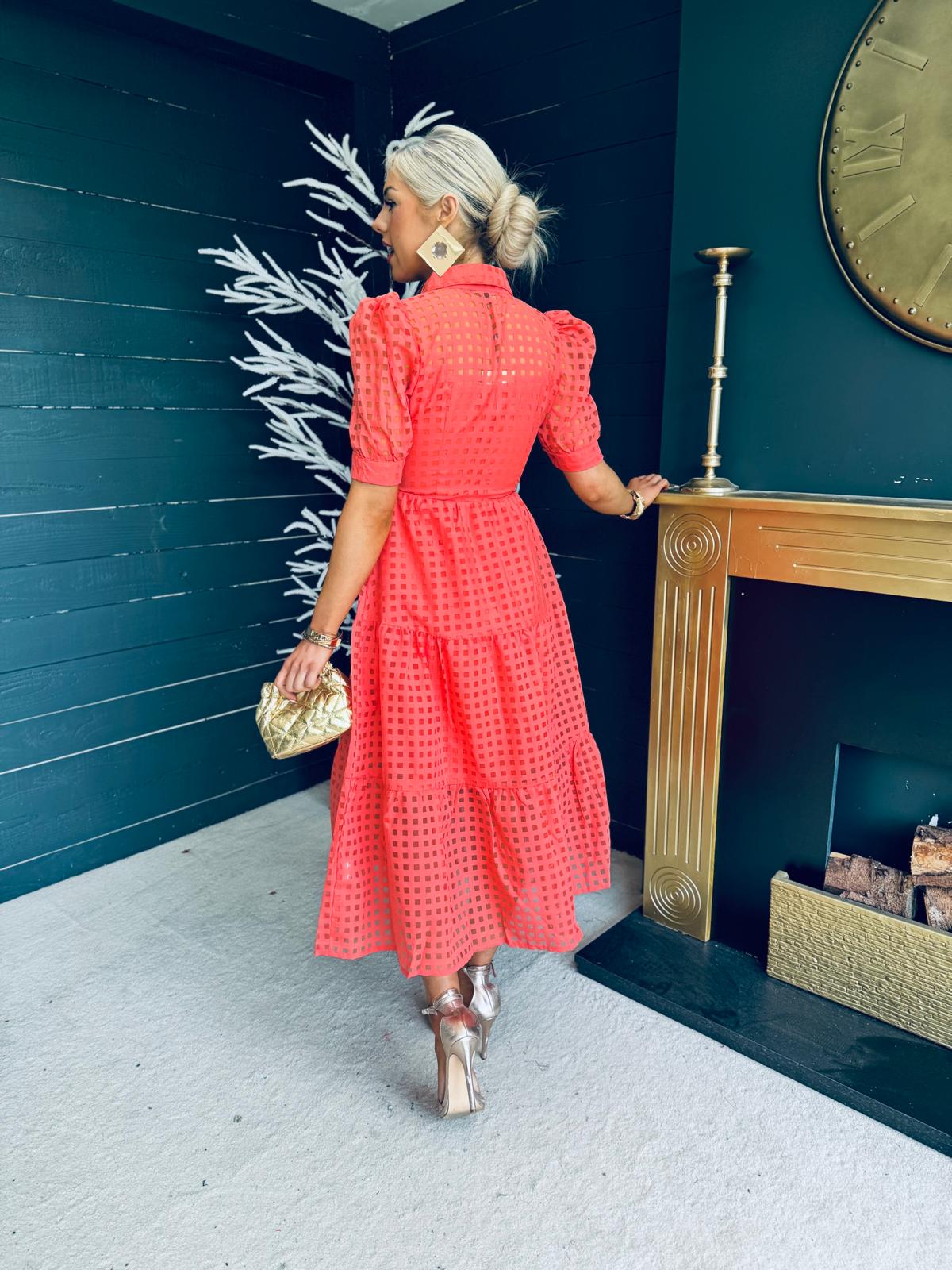 Cici Check Organza Shirt Dress Coral