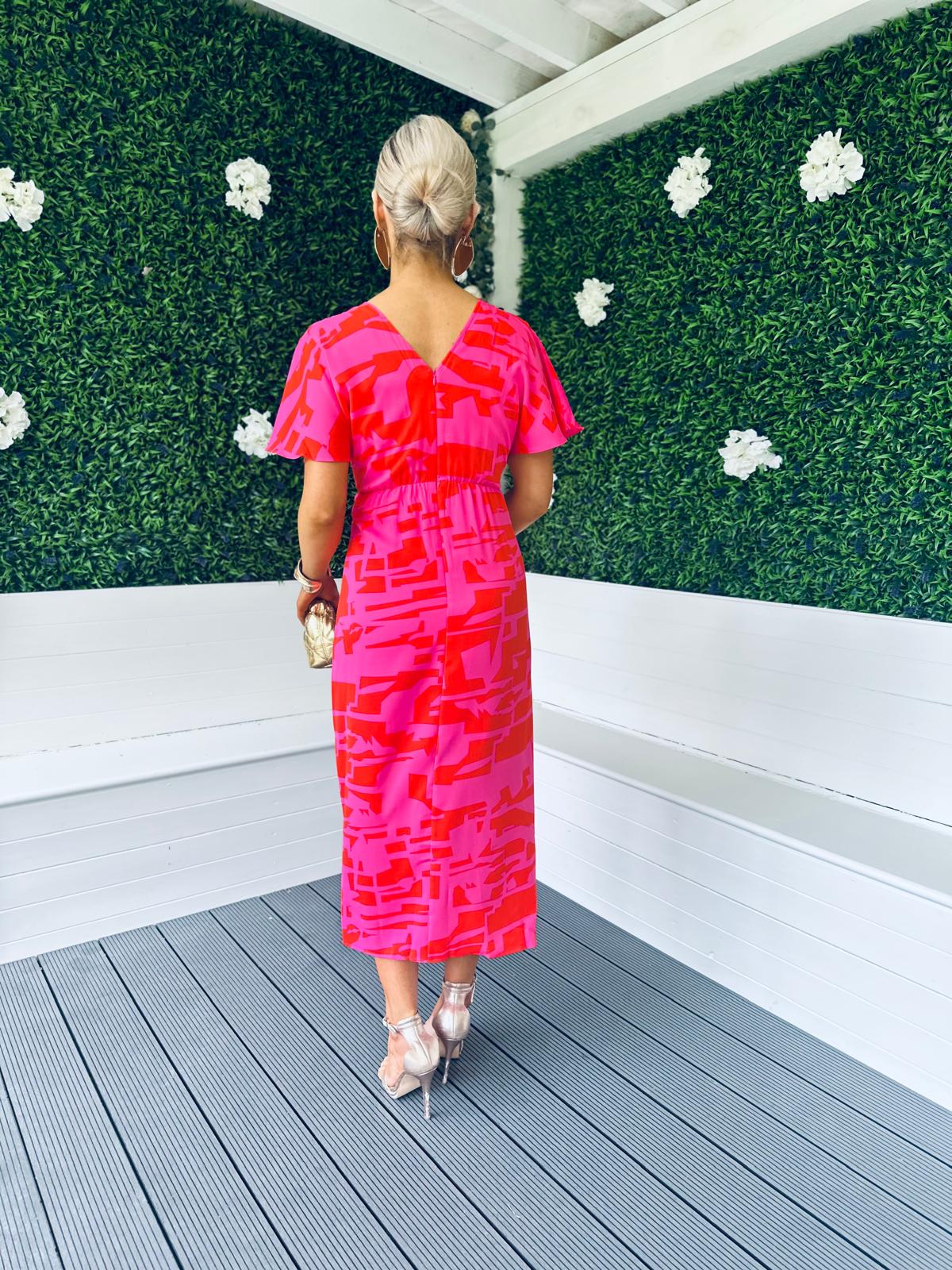 Priscilla Ruched Detail Midi Dress Pink / Red