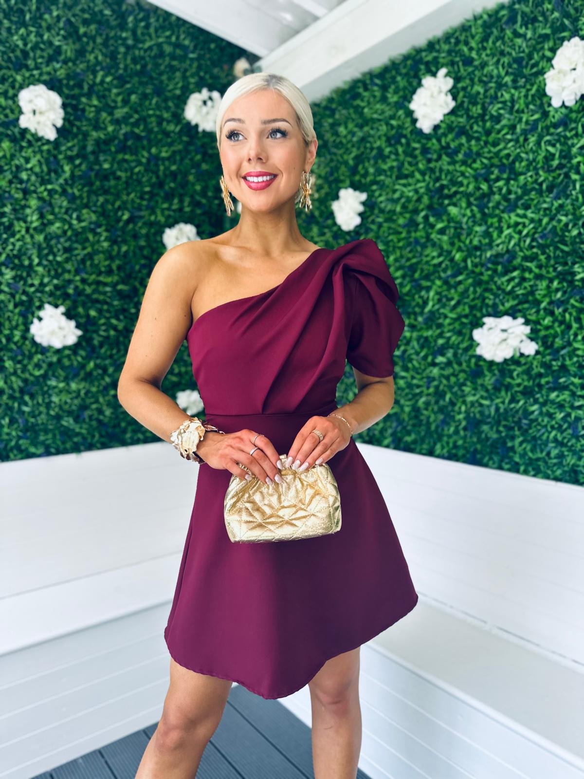 Burgundy dress one shoulder hotsell