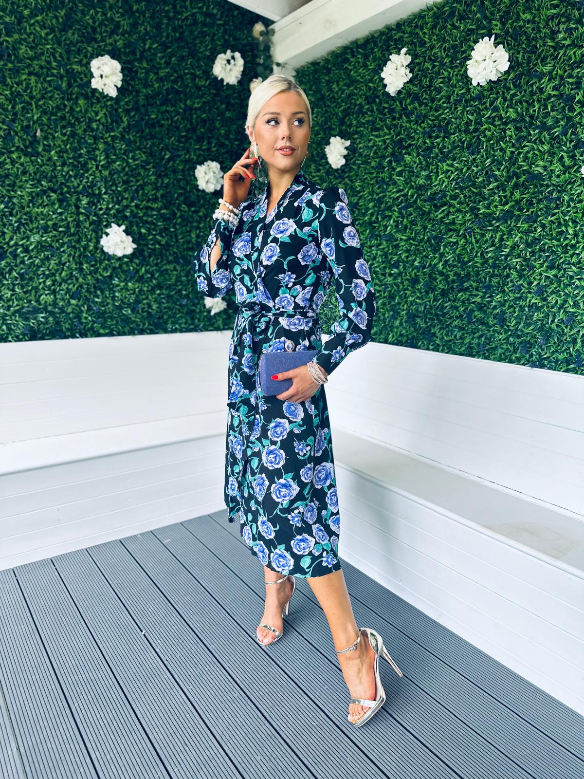 Lily Wrap Midi Dress Floral Black Blue